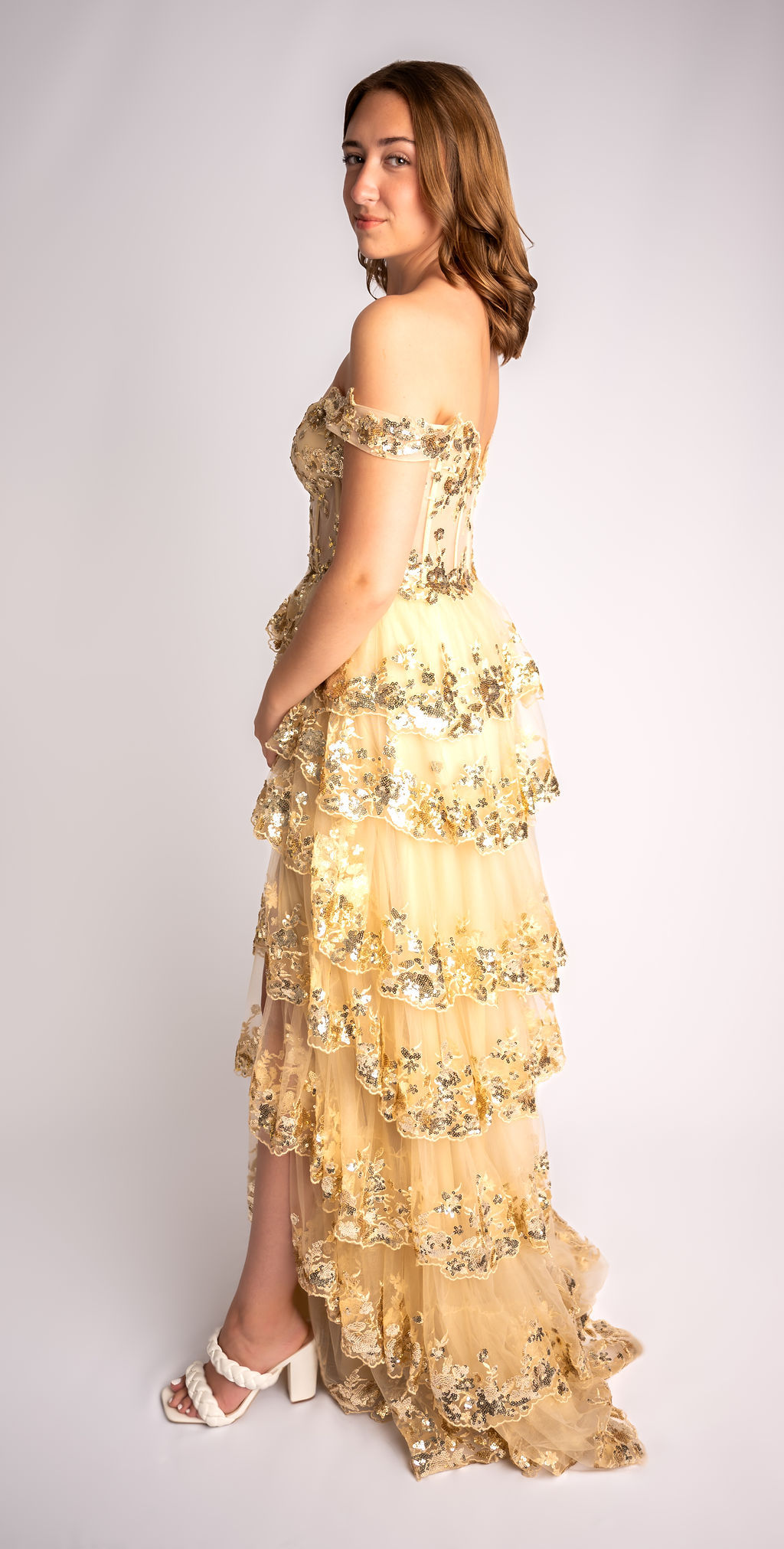 A-Line Sweetheart Tiered Ruffle Off-Shoulder Lace Prom Dress #CL008