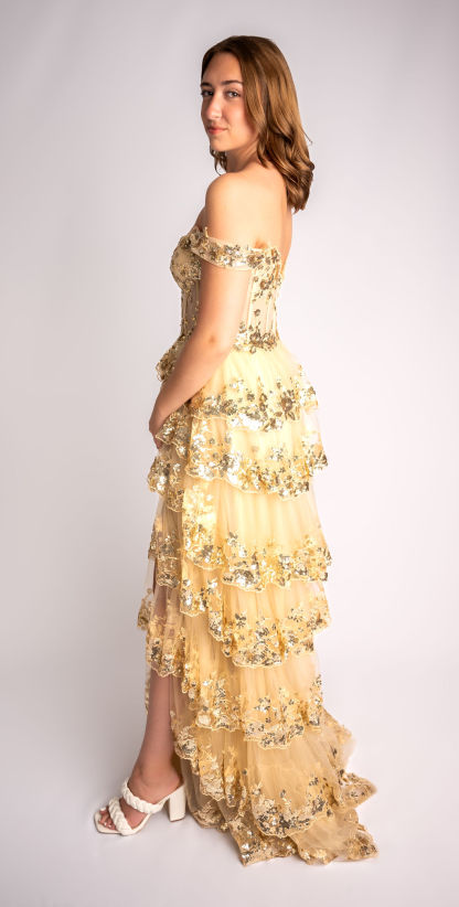 A-Line Sweetheart Tiered Ruffle Off-Shoulder Lace Prom Dress #CL008