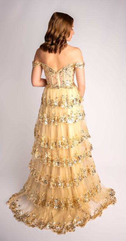 A-Line Sweetheart Tiered Ruffle Off-Shoulder Lace Prom Dress #CL008