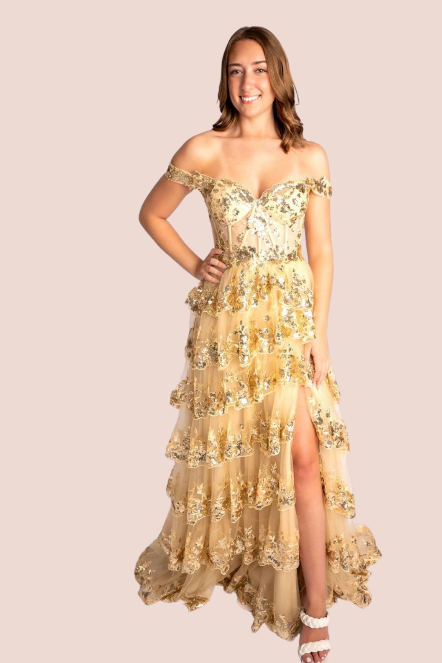 A-Line Sweetheart Tiered Ruffle Off-Shoulder Lace Prom Dress #CL008