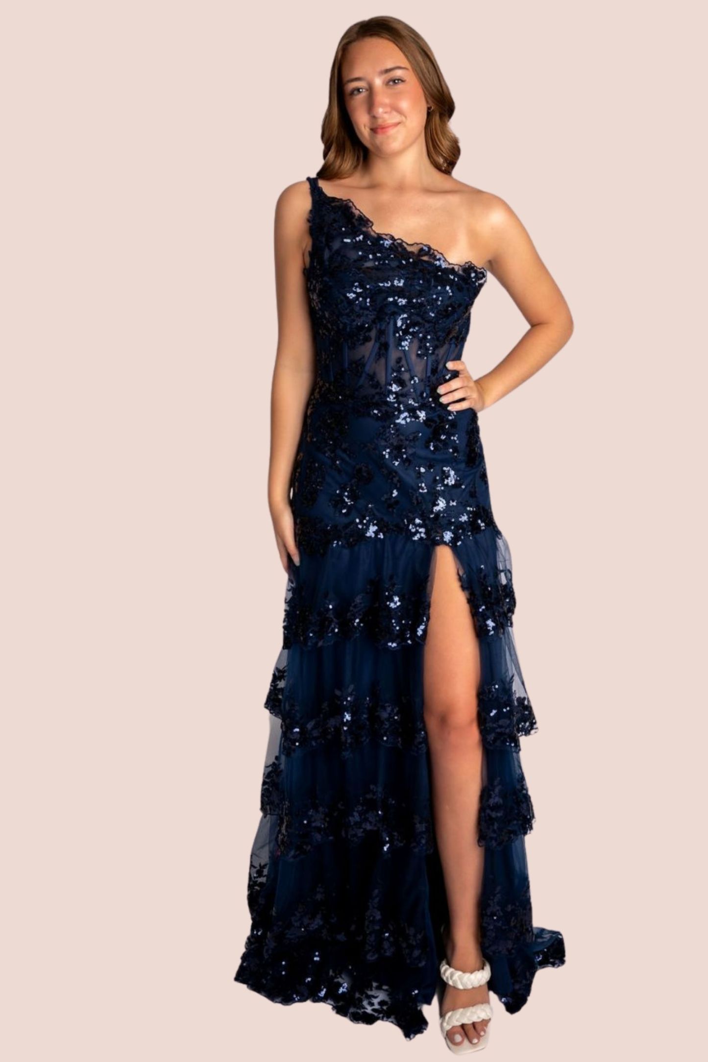Glittery A-Line One Shoulder Tiered Ruffle Mesh Prom Dress #CL009
