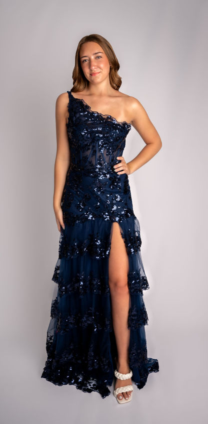 Glittery A-Line One Shoulder Tiered Ruffle Mesh Prom Dress #CL009