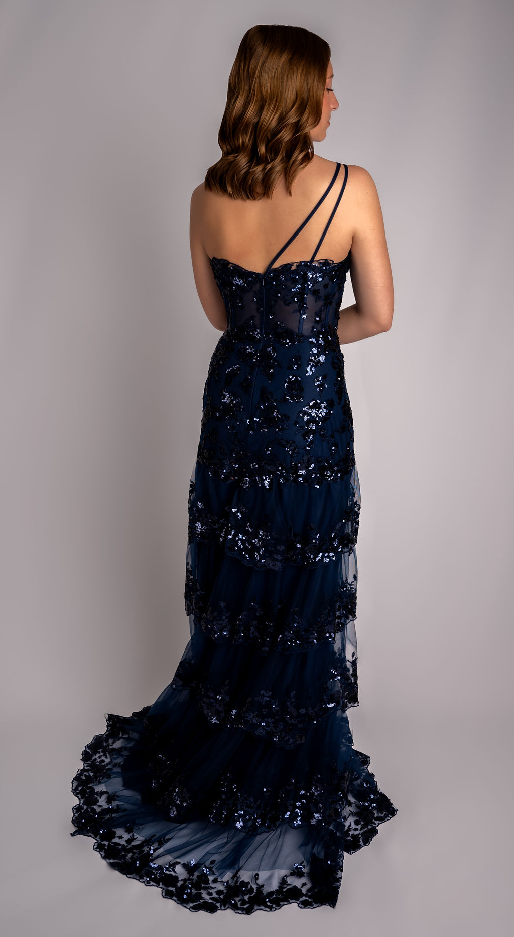 Glittery A-Line One Shoulder Tiered Ruffle Mesh Prom Dress #CL009