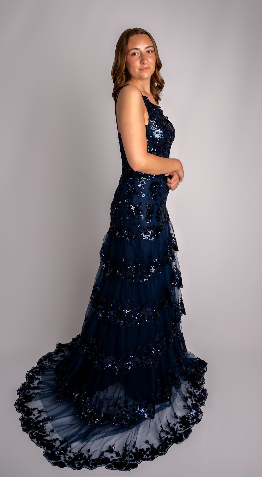 Glittery A-Line One Shoulder Tiered Ruffle Mesh Prom Dress #CL009