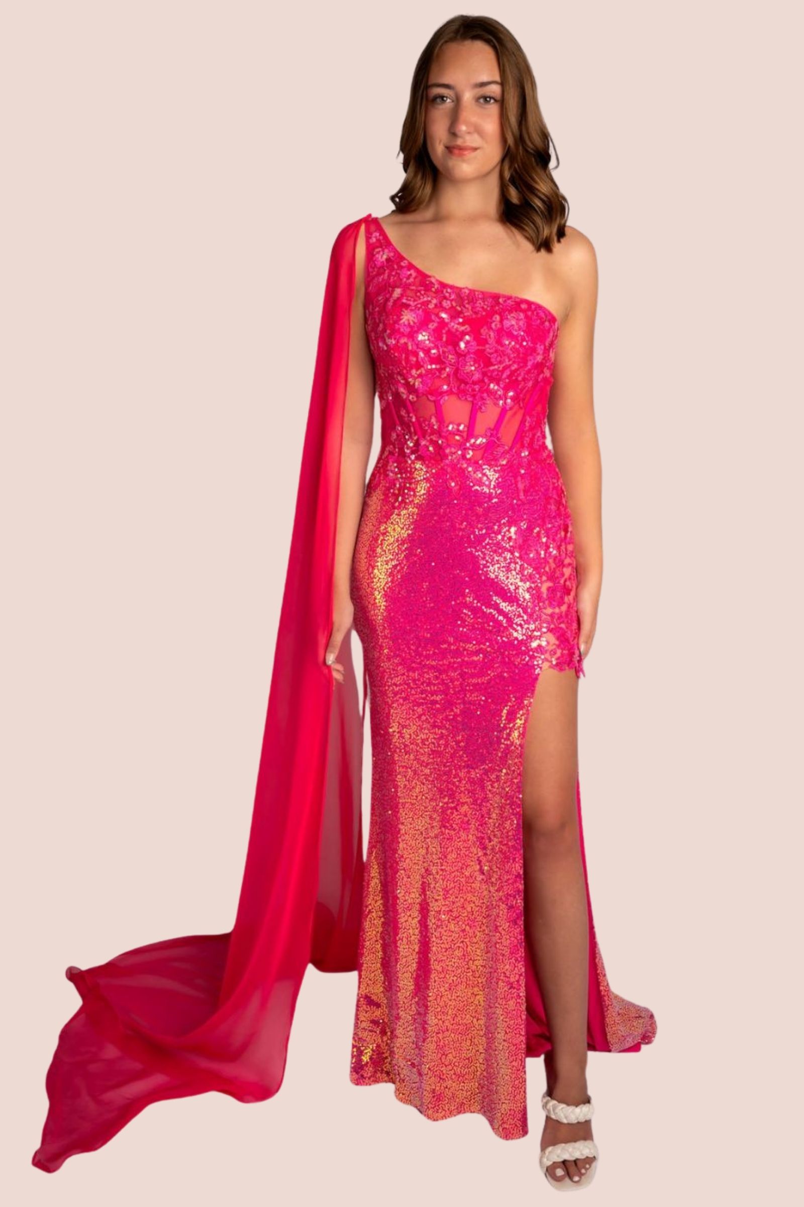Sheath One Shoulder Sequin Mesh Drape Sleeve Prom Dress With Slit #CL010