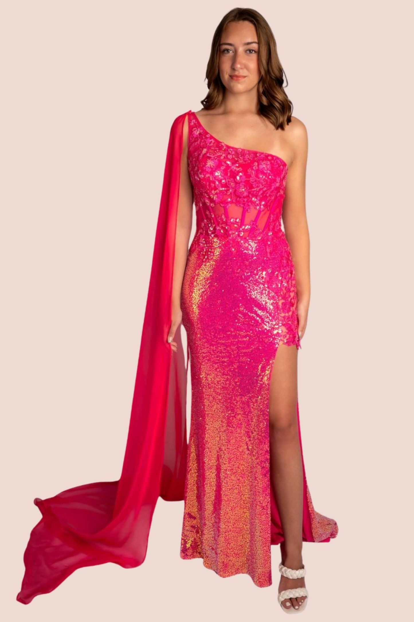 Sheath One Shoulder Sequin Mesh Drape Sleeve Prom Dress With Slit #CL010