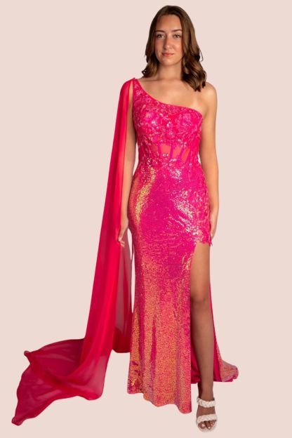 Sheath One Shoulder Sequin Mesh Drape Sleeve Prom Dress With Slit #CL010