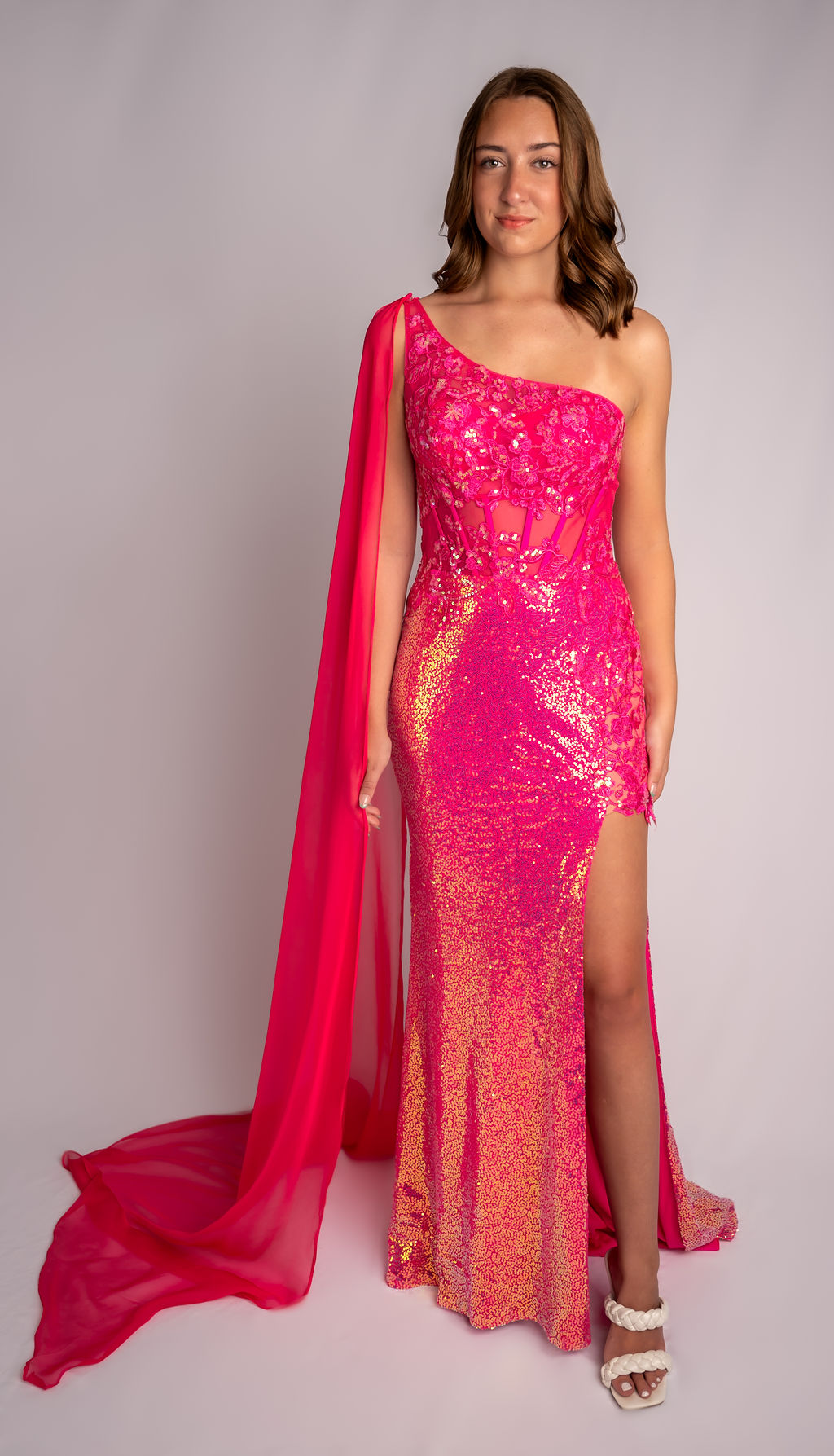 Sheath One Shoulder Sequin Mesh Drape Sleeve Prom Dress With Slit #CL010
