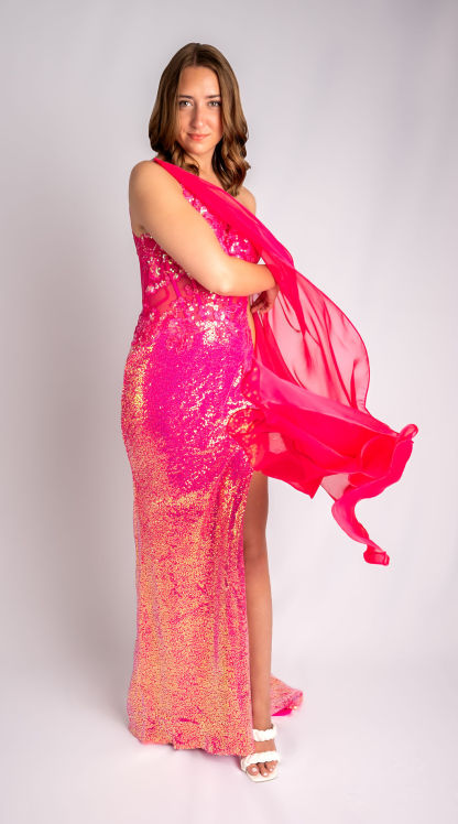 Sheath One Shoulder Sequin Mesh Drape Sleeve Prom Dress With Slit #CL010