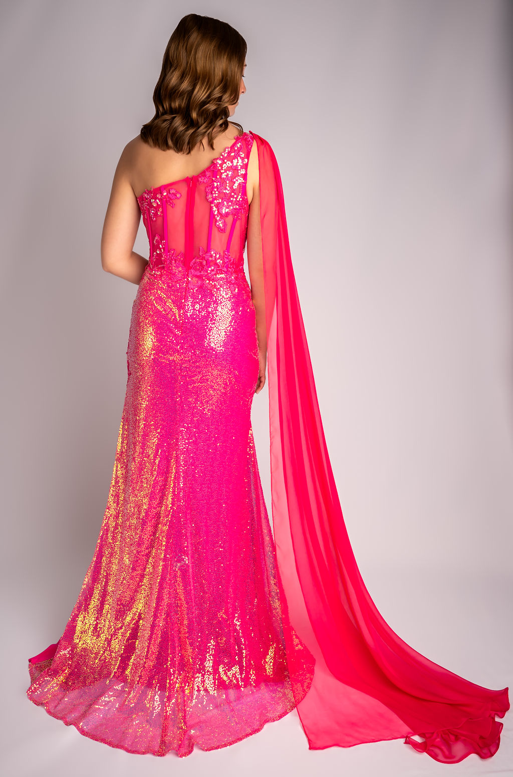 Sheath One Shoulder Sequin Mesh Drape Sleeve Prom Dress With Slit #CL010