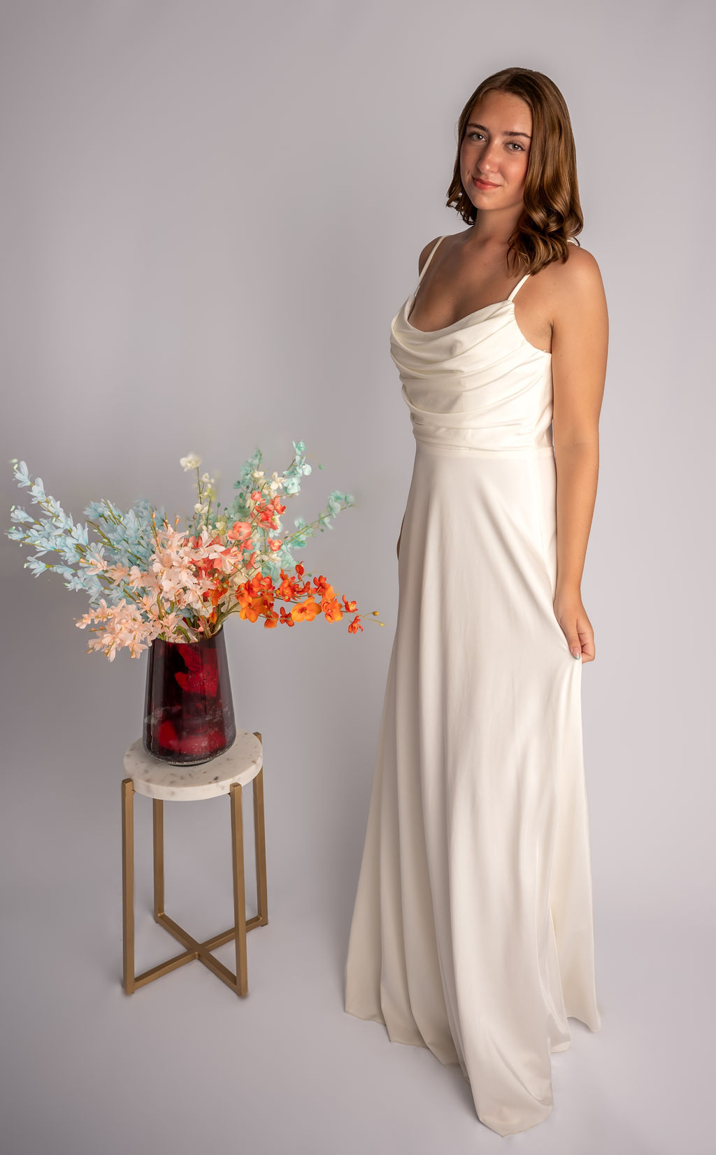 A-Line Satin Cowl Spagetti Straps Prom Dress #CL039