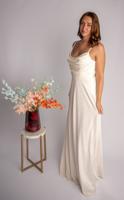 A-Line Satin Cowl Spagetti Straps Prom Dress #CL039