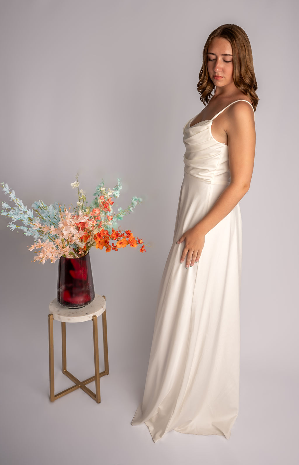 A-Line Satin Cowl Spagetti Straps Prom Dress #CL039