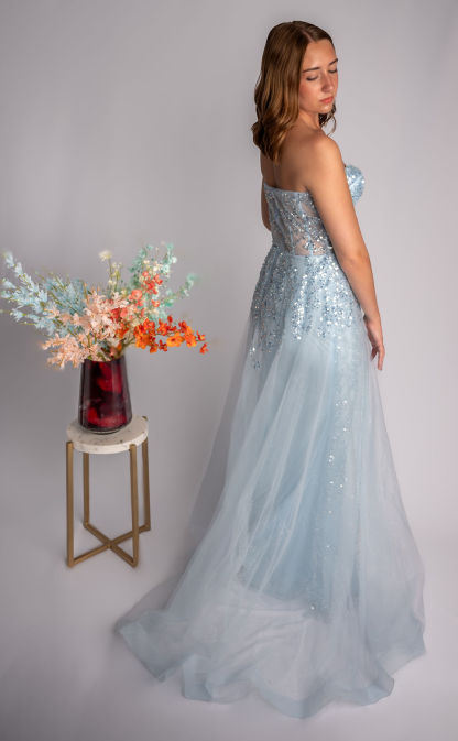 Glittery A-Line Sweetheart Strapless Mesh Prom Dress With Slit #CL040