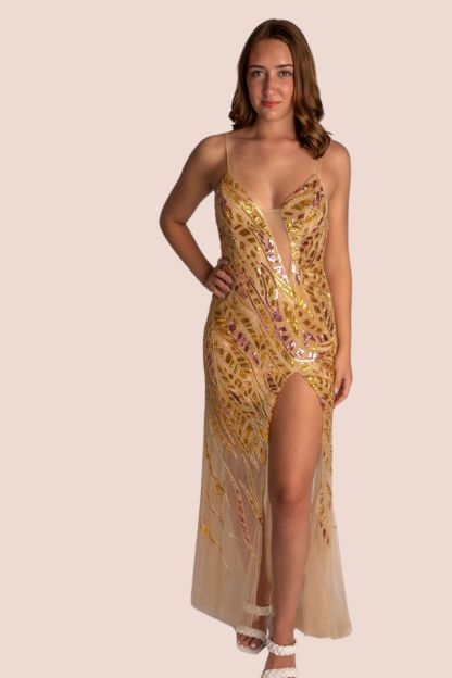 Sheath Sequin Spagetti Straps Prom Dress With Mesh Cutout Bodice