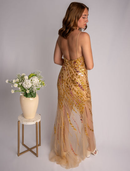 Sheath Sequin Spagetti Straps Prom Dress With Mesh Cutout Bodice #CL041