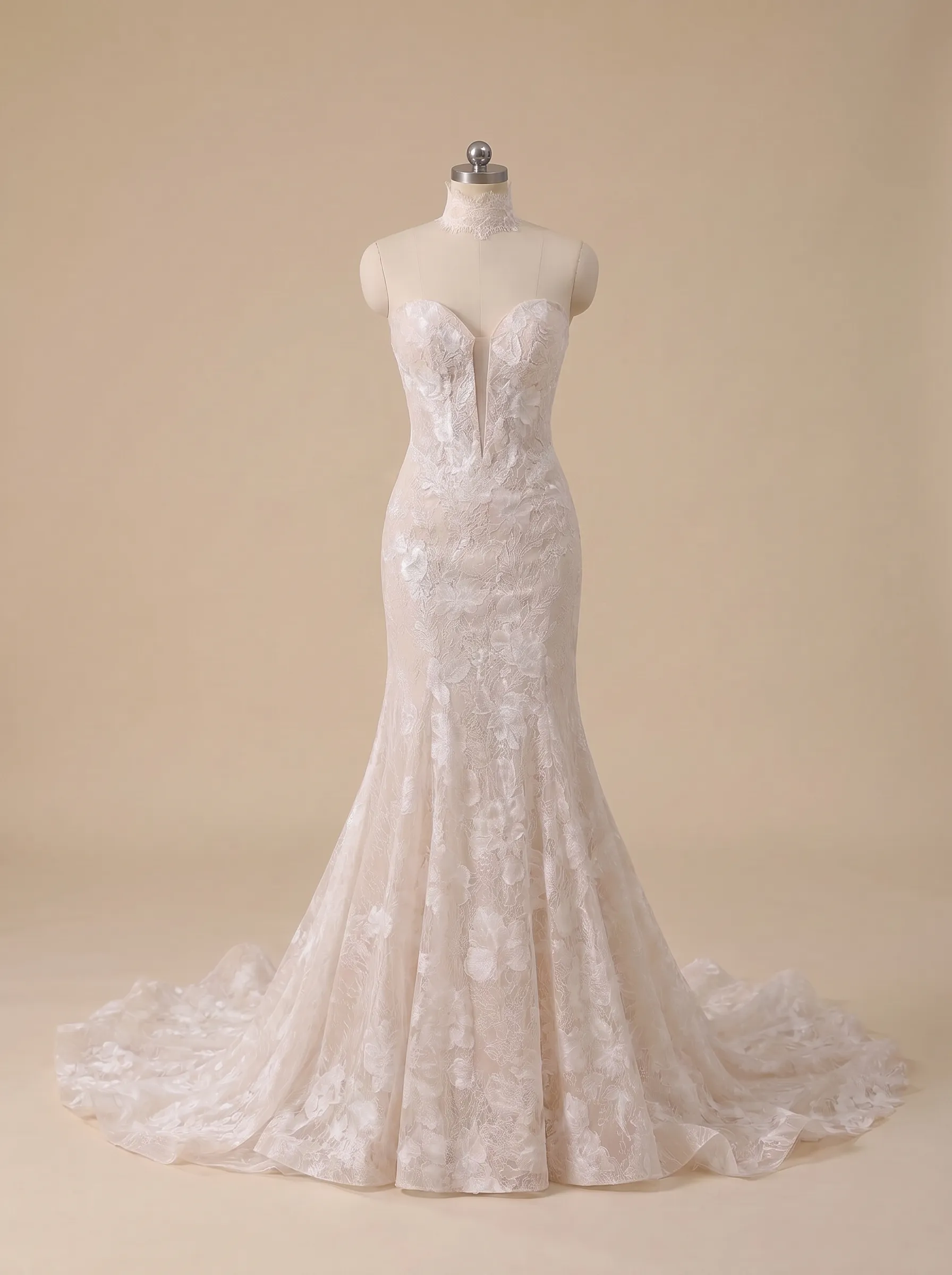 Couture Lee Dramatic Plunging V Neckline & Underlay Lace with Floral Embroidery Lace Sheath Dress