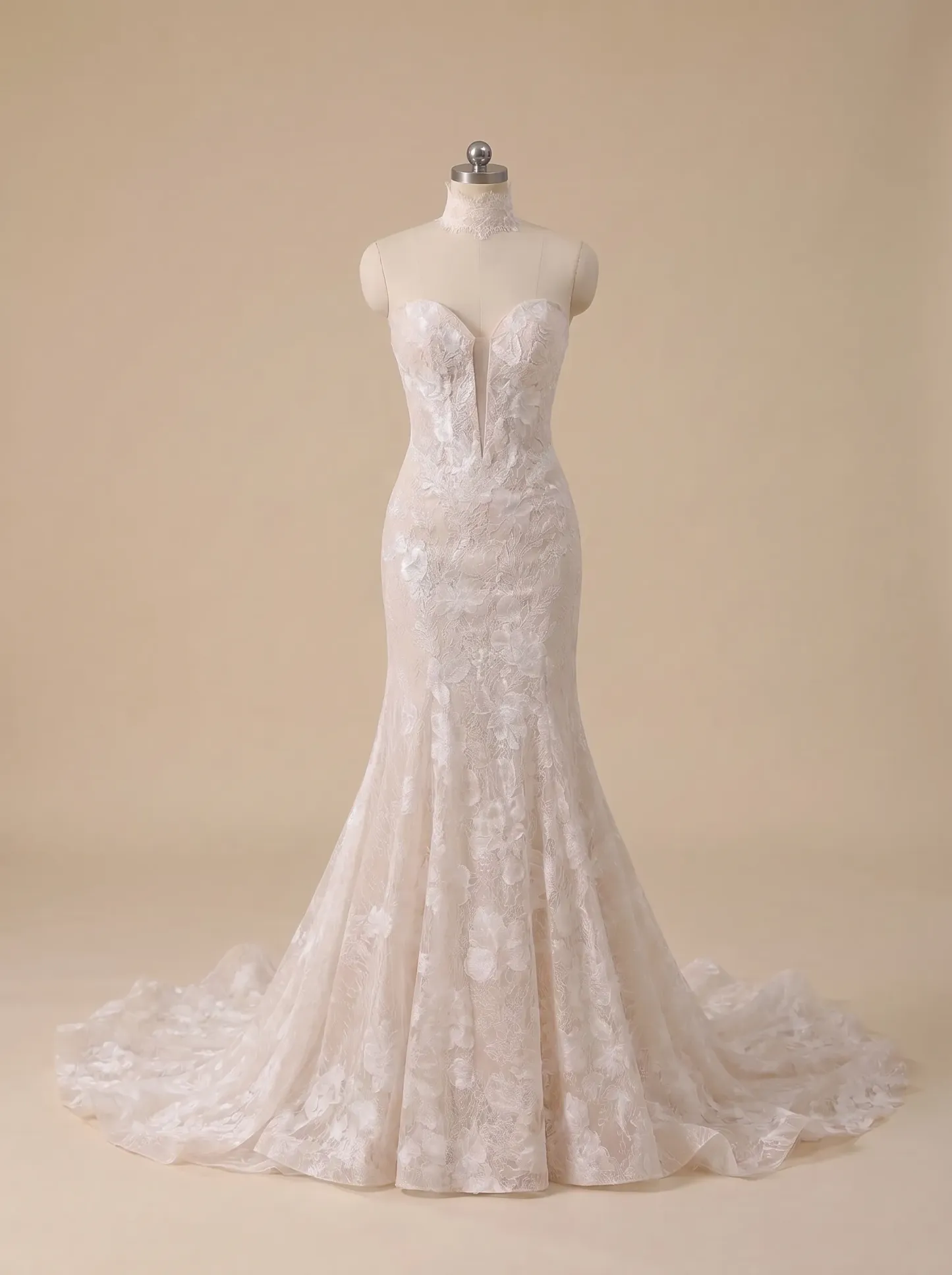 Couture Lee Dramatic Plunging V Neckline & Underlay Lace with Floral Embroidery Lace Sheath Dress
