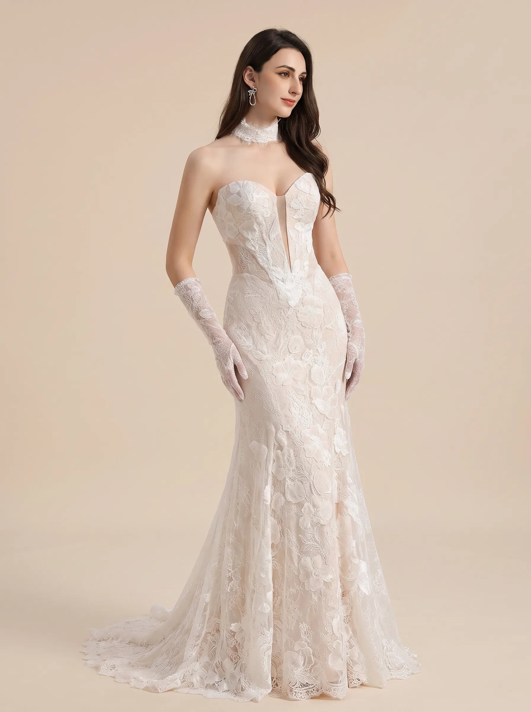 Couture Lee Dramatic Plunging V Neckline & Underlay Lace with Floral Embroidery Lace Sheath Dress