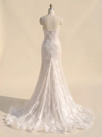 Couture Lee Dramatic Plunging V Neckline & Underlay Lace with Floral Embroidery Lace Sheath Dress