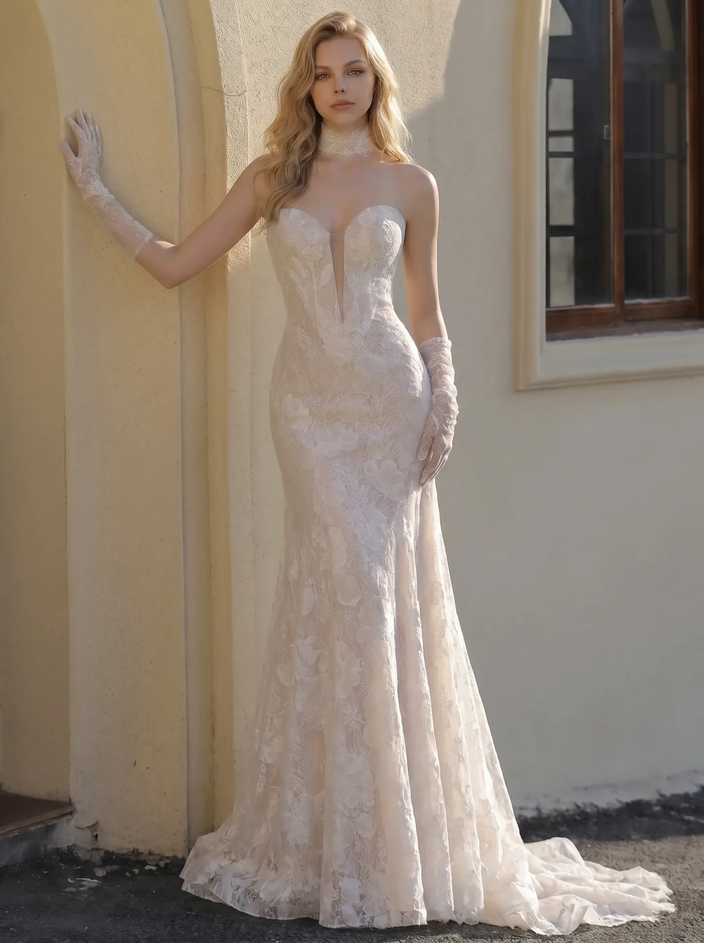 Couture Lee Dramatic Plunging V Neckline & Underlay Lace with Floral Embroidery Lace Sheath Dress