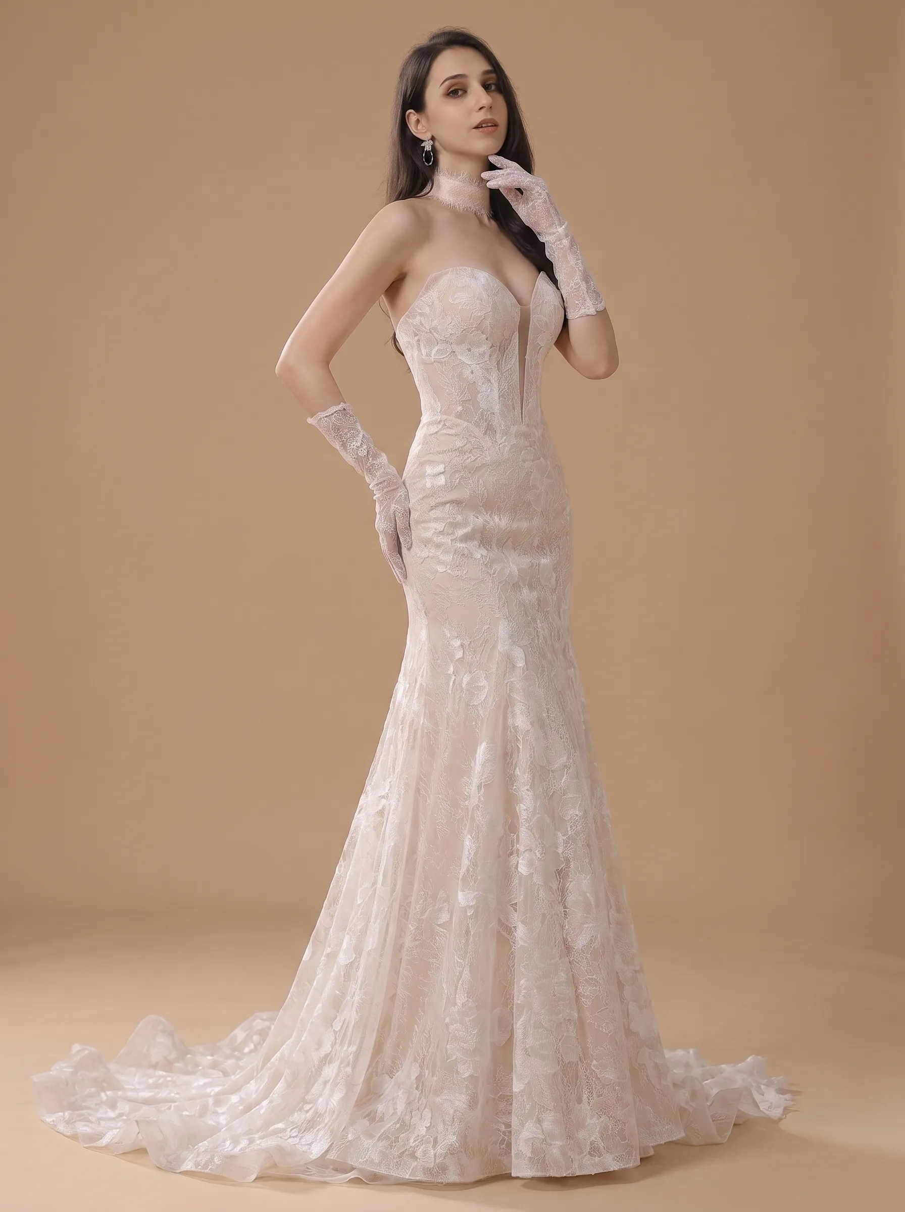 Couture Lee Dramatic Plunging V Neckline & Underlay Lace with Floral Embroidery Lace Sheath Dress