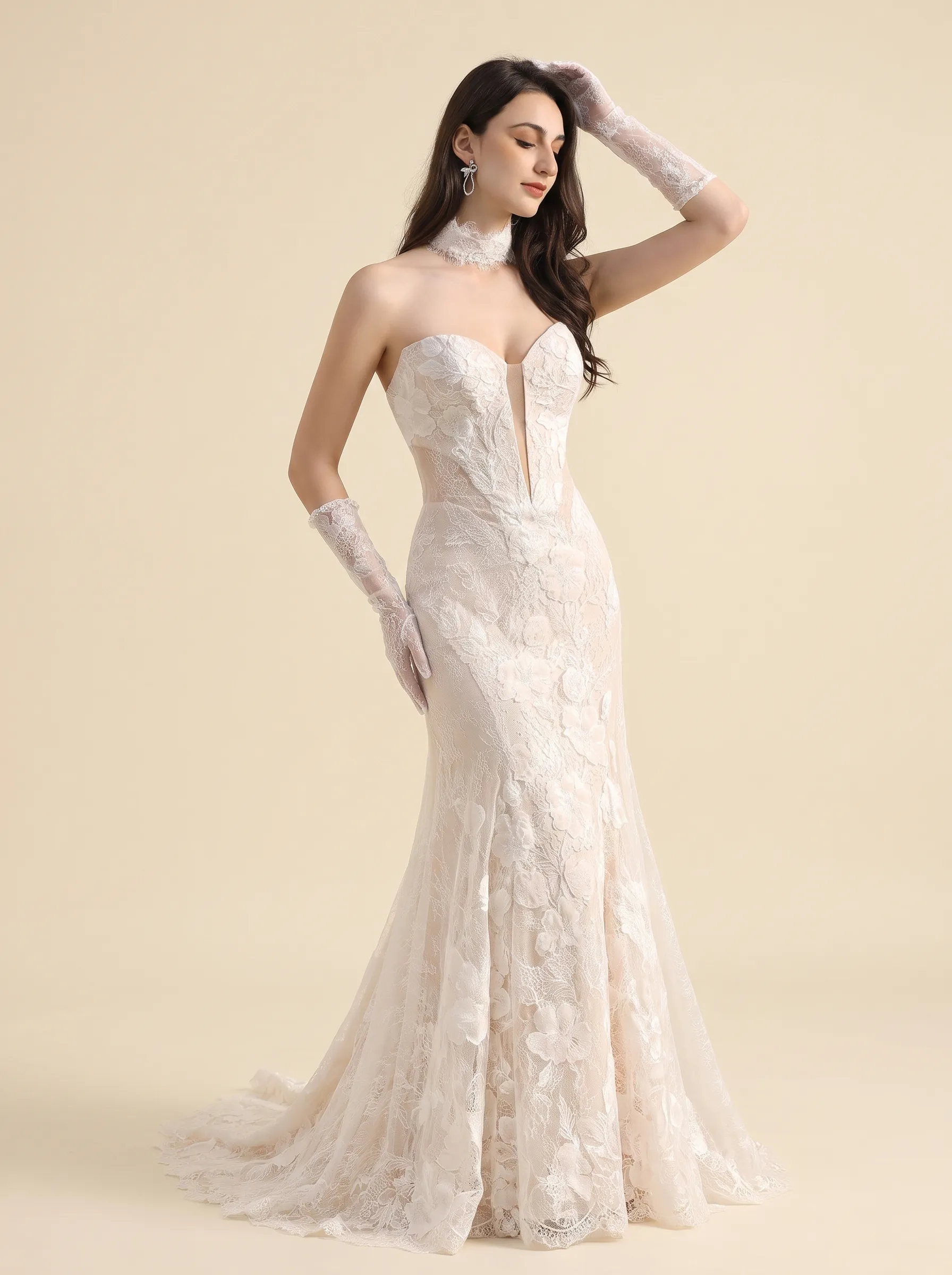 Couture Lee Dramatic Plunging V Neckline & Underlay Lace with Floral Embroidery Lace Sheath Dress