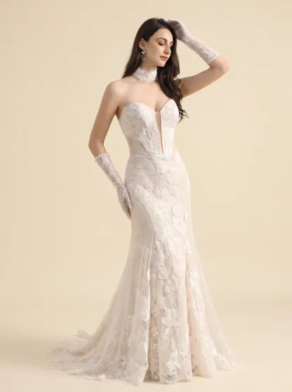 Couture Lee Dramatic Plunging V Neckline & Underlay Lace with Floral Embroidery Lace Sheath Dress