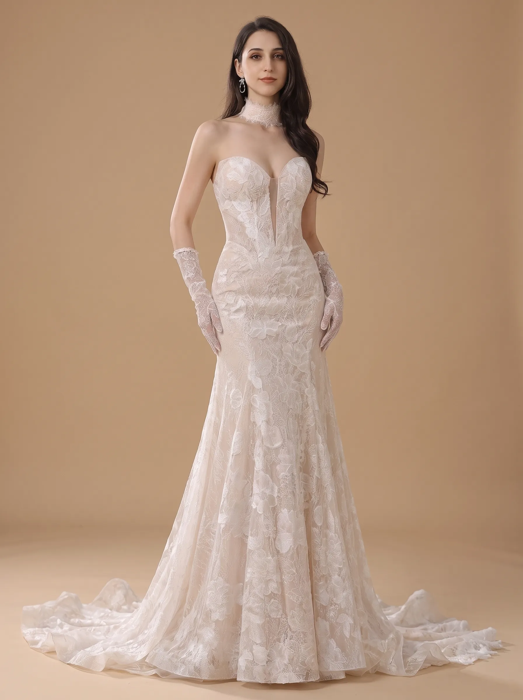 Couture Lee Dramatic Plunging V Neckline & Underlay Lace with Floral Embroidery Lace Sheath Dress