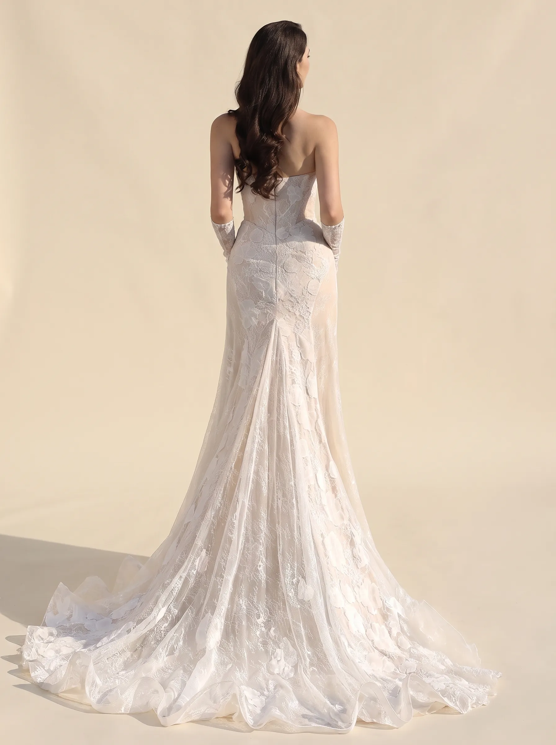 Couture Lee Dramatic Plunging V Neckline & Underlay Lace with Floral Embroidery Lace Sheath Dress