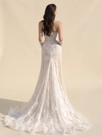 Couture Lee Dramatic Plunging V Neckline & Underlay Lace with Floral Embroidery Lace Sheath Dress