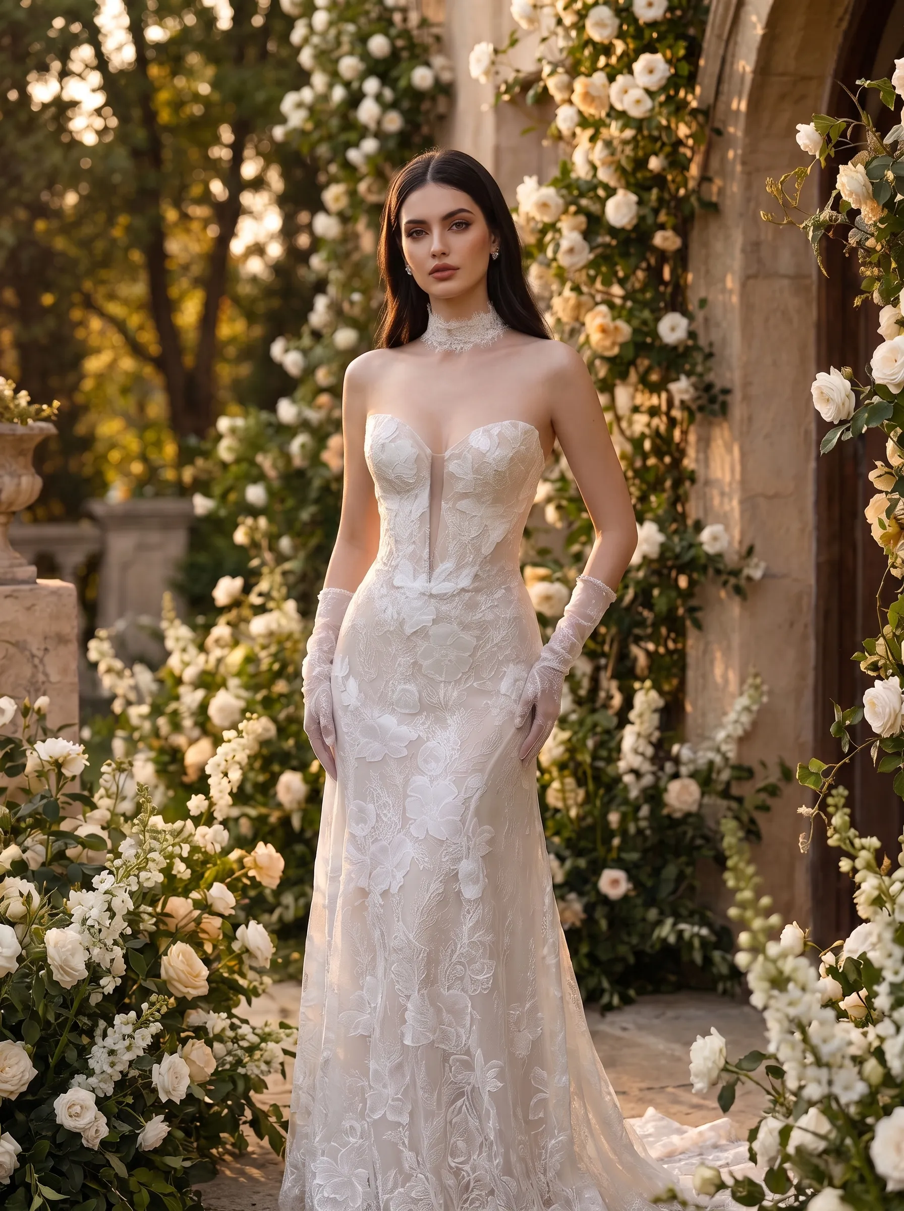 Couture Lee Dramatic Plunging V Neckline & Underlay Lace with Floral Embroidery Lace Sheath Dress