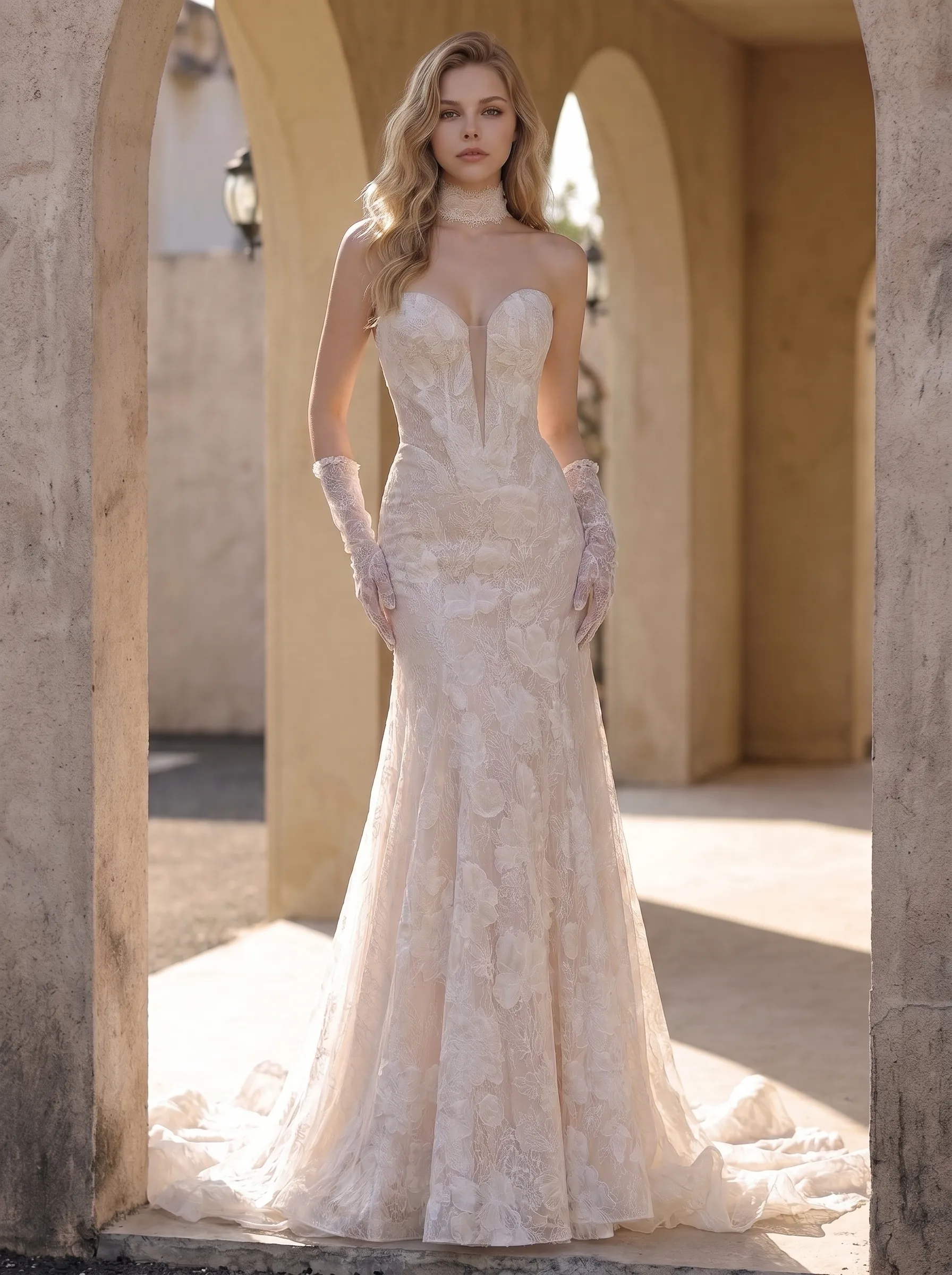 Couture Lee Dramatic Plunging V Neckline & Underlay Lace with Floral Embroidery Lace Sheath Dress