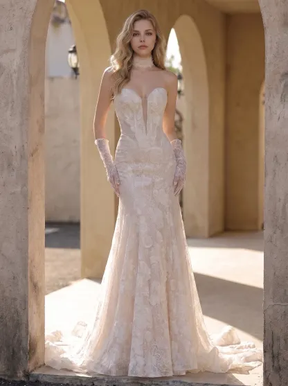 Couture Lee Dramatic Plunging V Neckline & Underlay Lace with Floral Embroidery Lace Sheath Dress