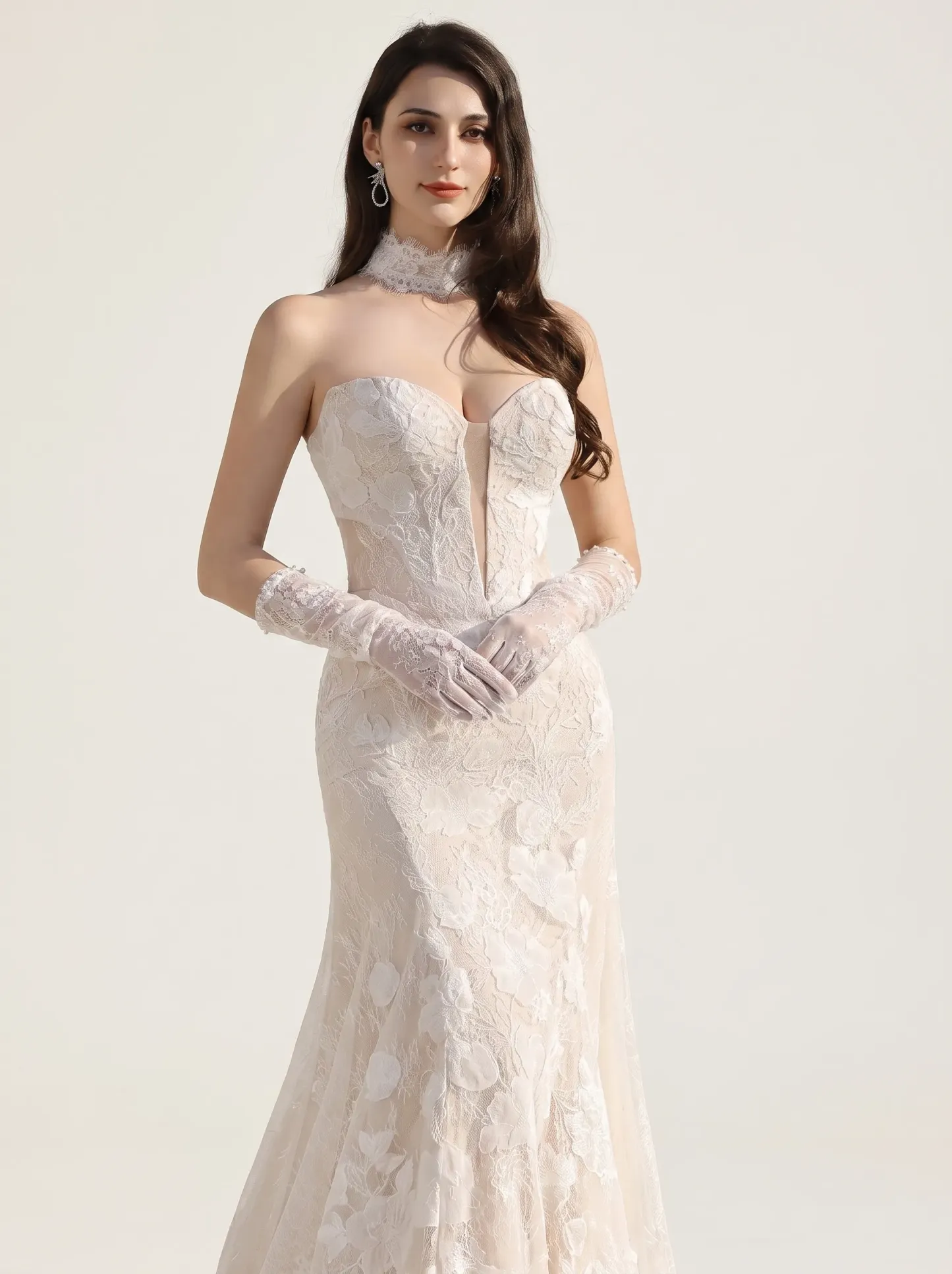 Couture Lee Dramatic Plunging V Neckline & Underlay Lace with Floral Embroidery Lace Sheath Dress
