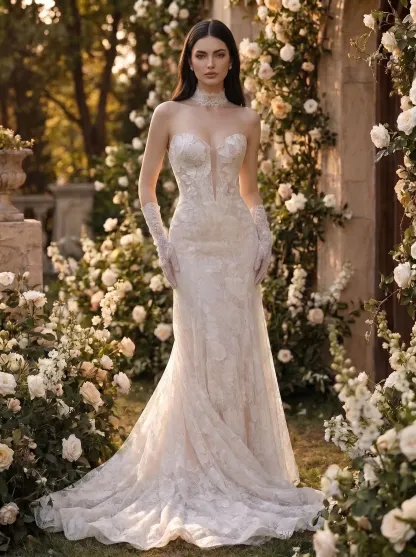Couture Lee Dramatic Plunging V Neckline & Underlay Lace with Floral Embroidery Lace Sheath Dress