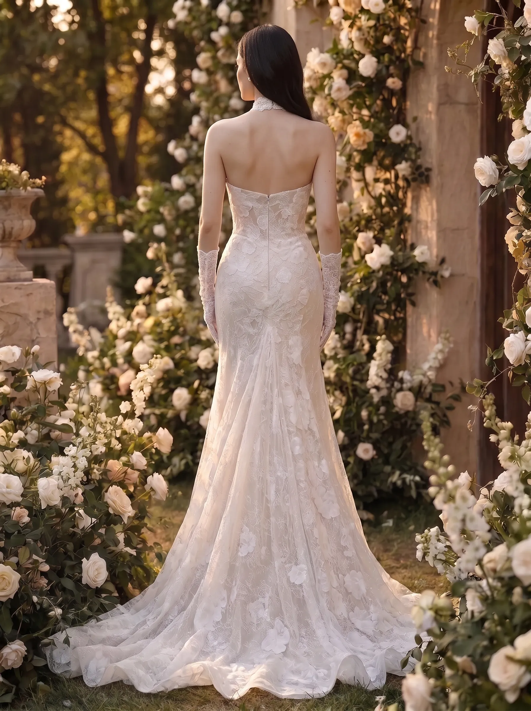 Couture Lee Dramatic Plunging V Neckline & Underlay Lace with Floral Embroidery Lace Sheath Dress