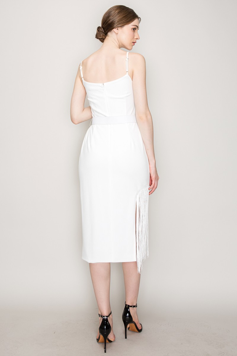 Sleeveless Side Slit Fringe Midi Dress #23549658