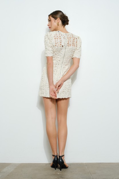 Short Puff Sleeve Crochet Lace Mini Dress #23576208