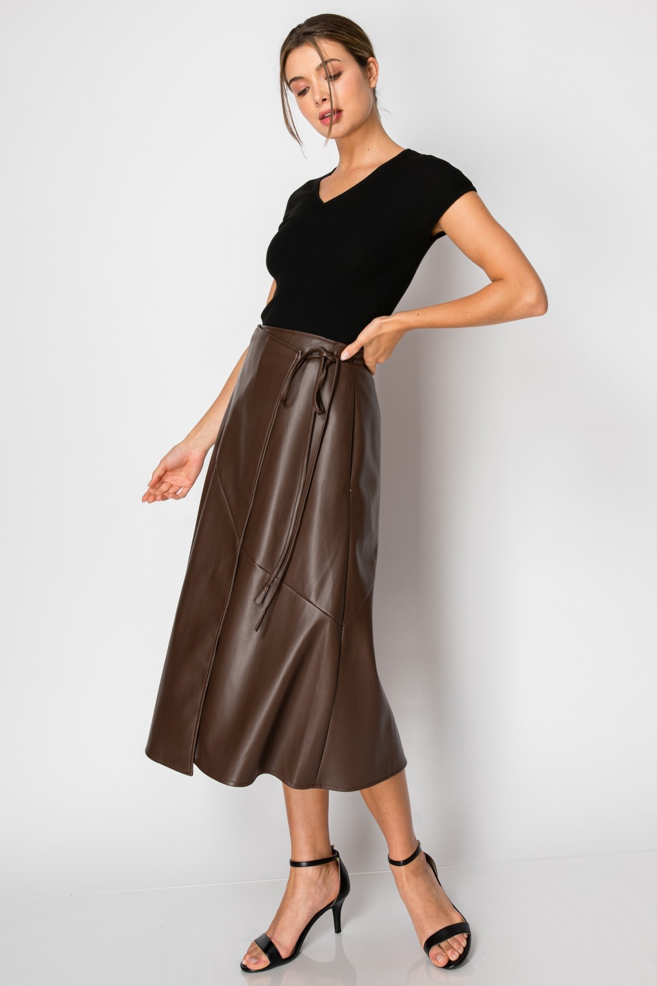 Faux Leather Wrap With Self Tie Midi Skirt #22889752