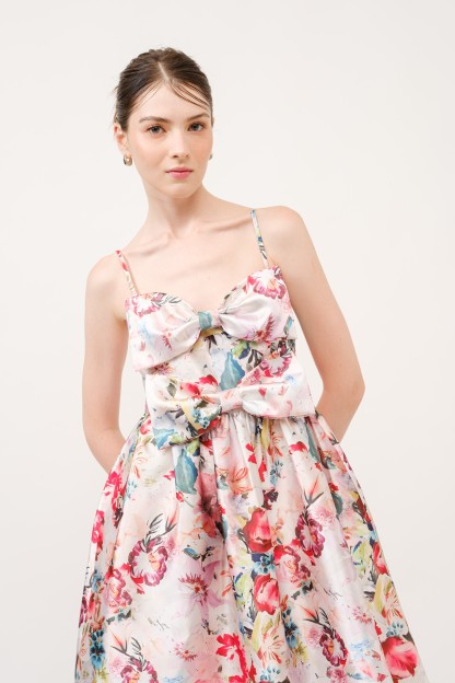 Floral Print Satin Bow Detail Midi Dress #23700092