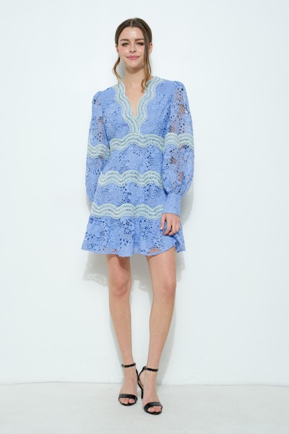 Lace Panel Puff-sleeve Open-back Mini Dress #23569107