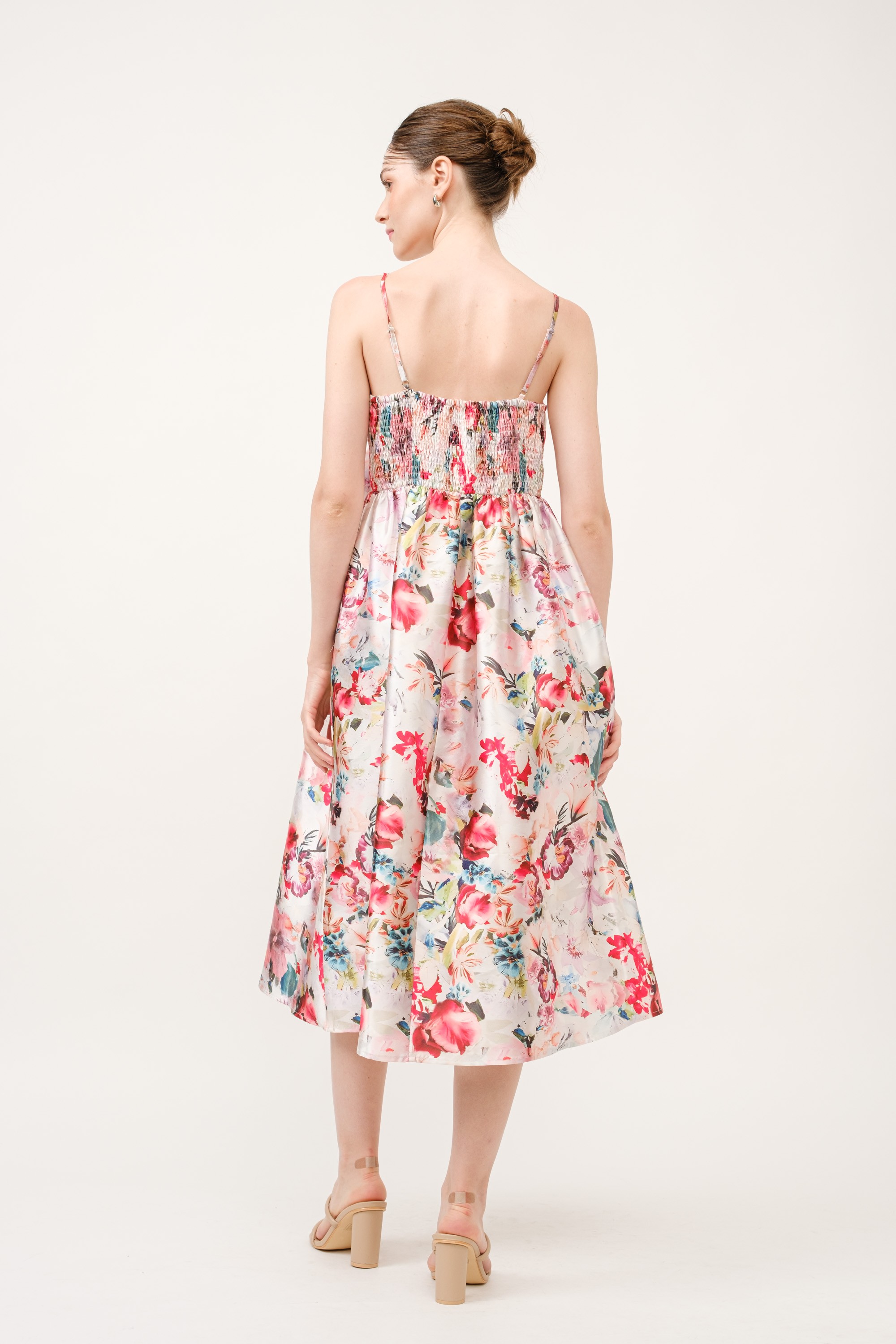 Floral Print Satin Bow Detail Midi Dress #23700092