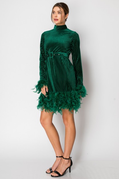 Velvet Long Sleeve Feather Trim Mini Dress #22805760