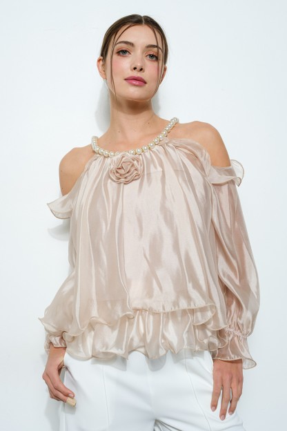 Off-shoulder Pearl Accent Organza Ruffle Blouse #23509052