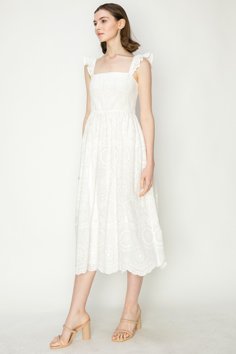 Cotton Sleeveless Embroidered Eyelet Midi Dress #23549027