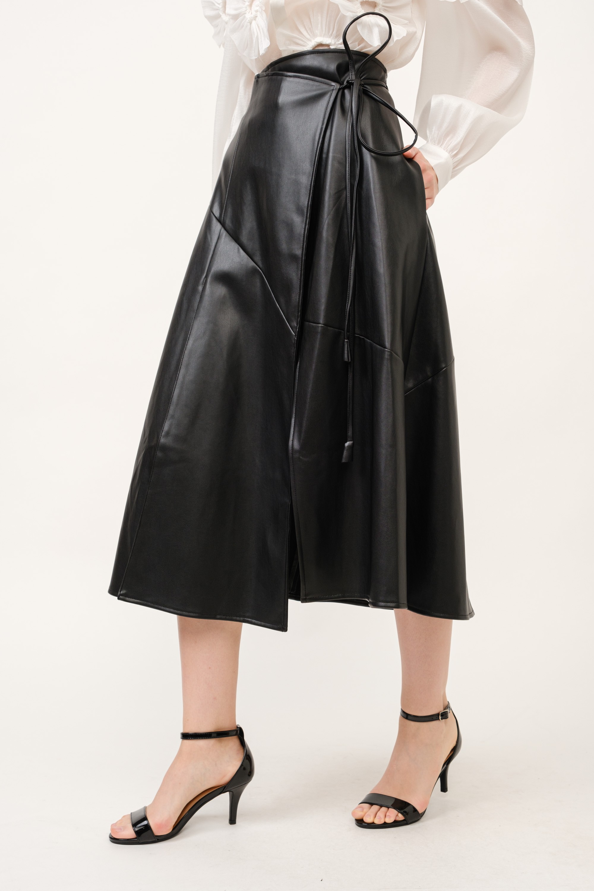 Faux Leather Wrap With Self Tie Midi Skirt #22889752