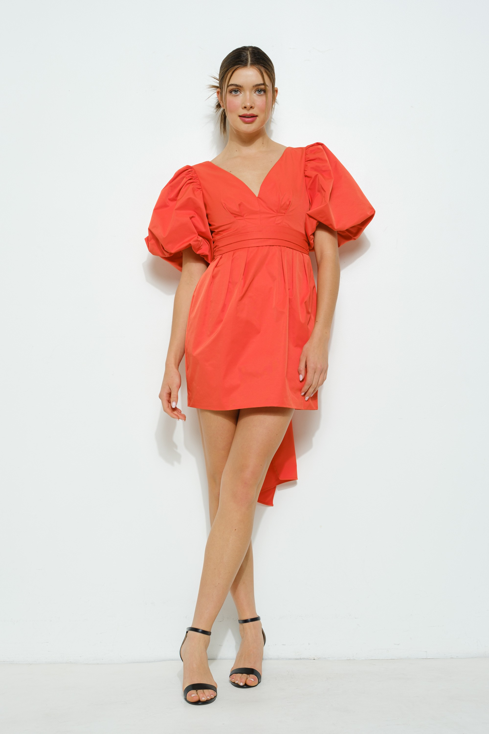 Short Puff Sleeve Open Back Bow Mini Dress #23578428