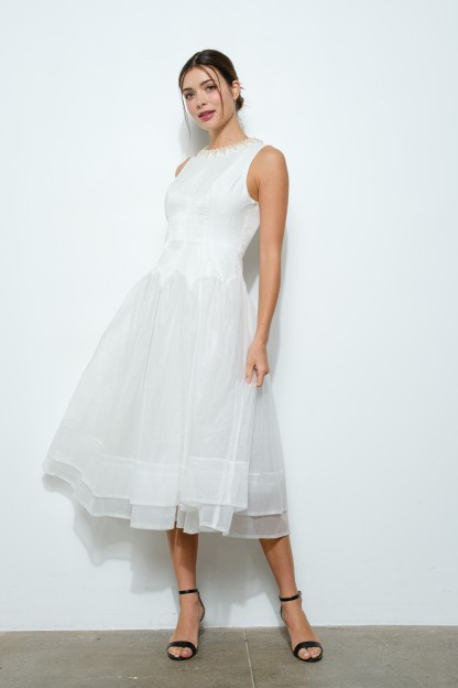 Pearl Embellished Sheer Tulle Midi Dress #23556579