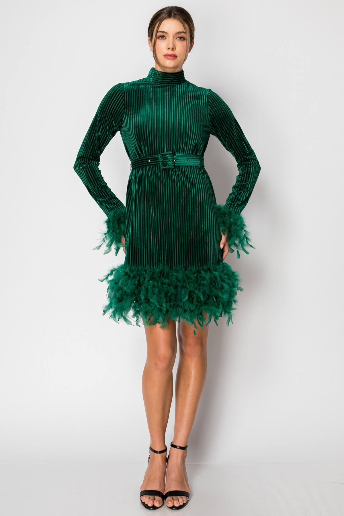 Velvet Long Sleeve Feather Trim Mini Dress #22805760